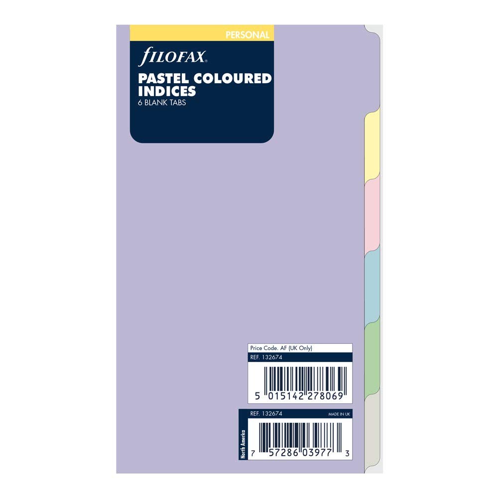 Filofax B132674 6-Tab Index Organizer Refill Personal Size Pastel Colors Blank