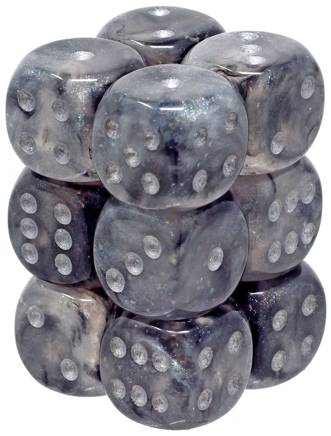 Chessex Borealis 16mm d6 Light Smoke/Silver Luminary Dice, 12-Pack (27778)
