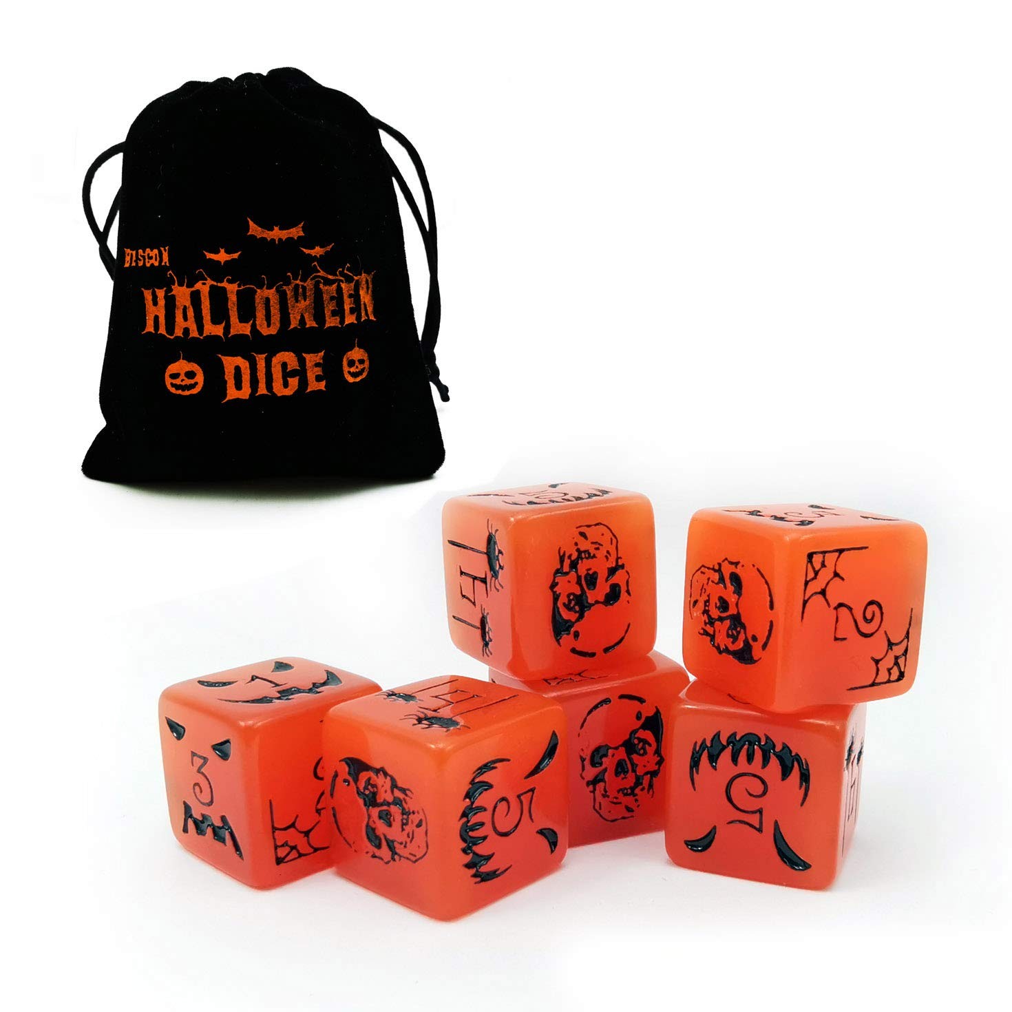 Set of 6 Bescon Luminous Glow-in-the-Dark 6-Sided Halloween Dice with Pouch